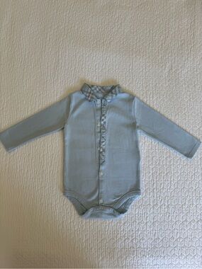 Burberry Light Blue Long-Sleeve One-Piece with Plaid Collar 9months